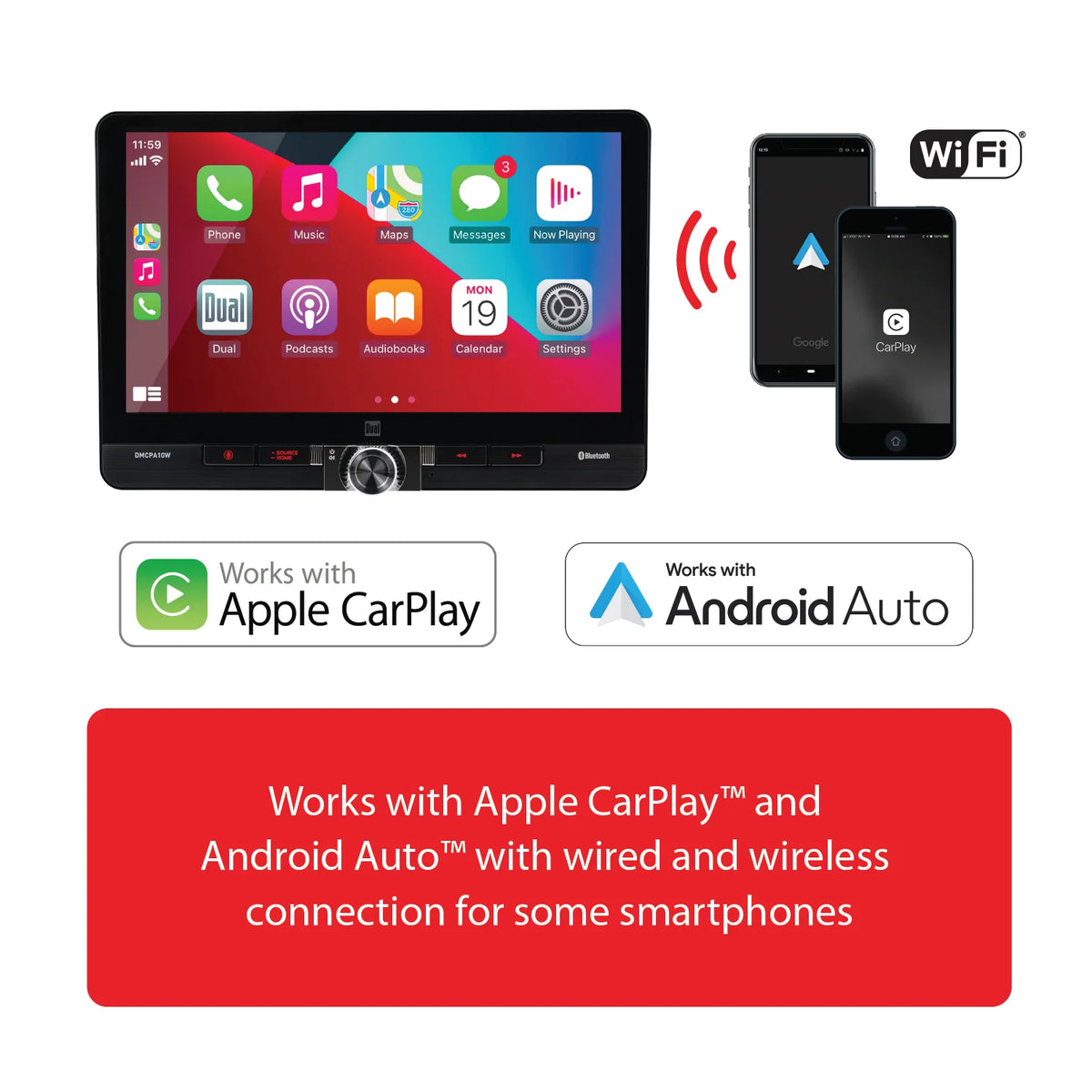 Dual Electronics 10.1" Touchscreen Car Stereo Receiver with Wireless Apple CarPlay & Android Auto �C Includes Single & Double DIN Adapters, Bluetooth, USB �C DMCPA10W (New)