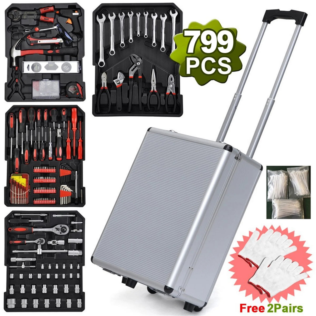 799 Pieces Professional Mechanics Hand Tool Set, Mobile Tool box on Wheels W/Ratchets&Socket, Screwdriver, Tongs, 4-layer Tool Case & Tool Kit, Silver