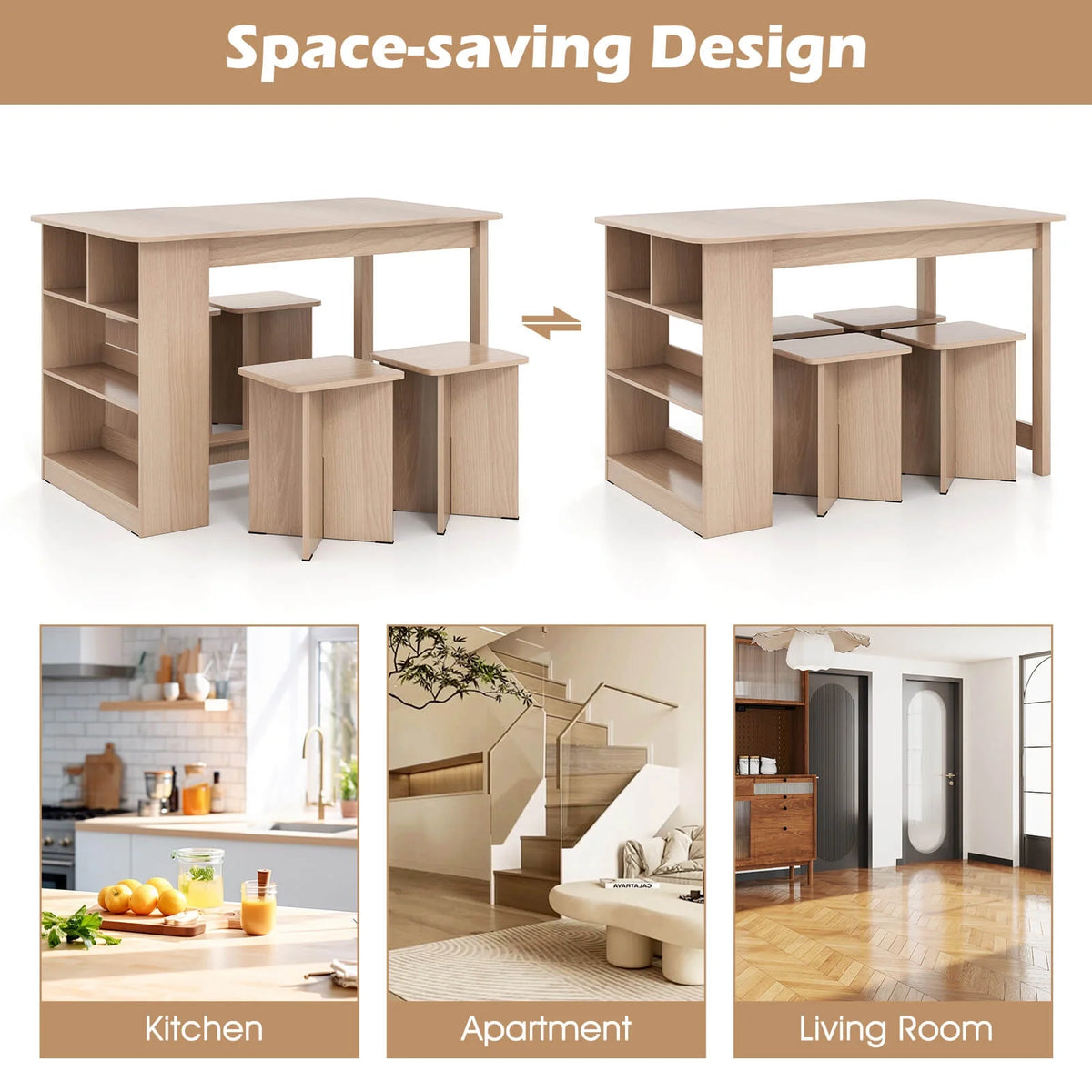 Costway 5 PCS Dining Table Set with Storage Shelf Rectangular Kitchen Table with 4 Stools Beige