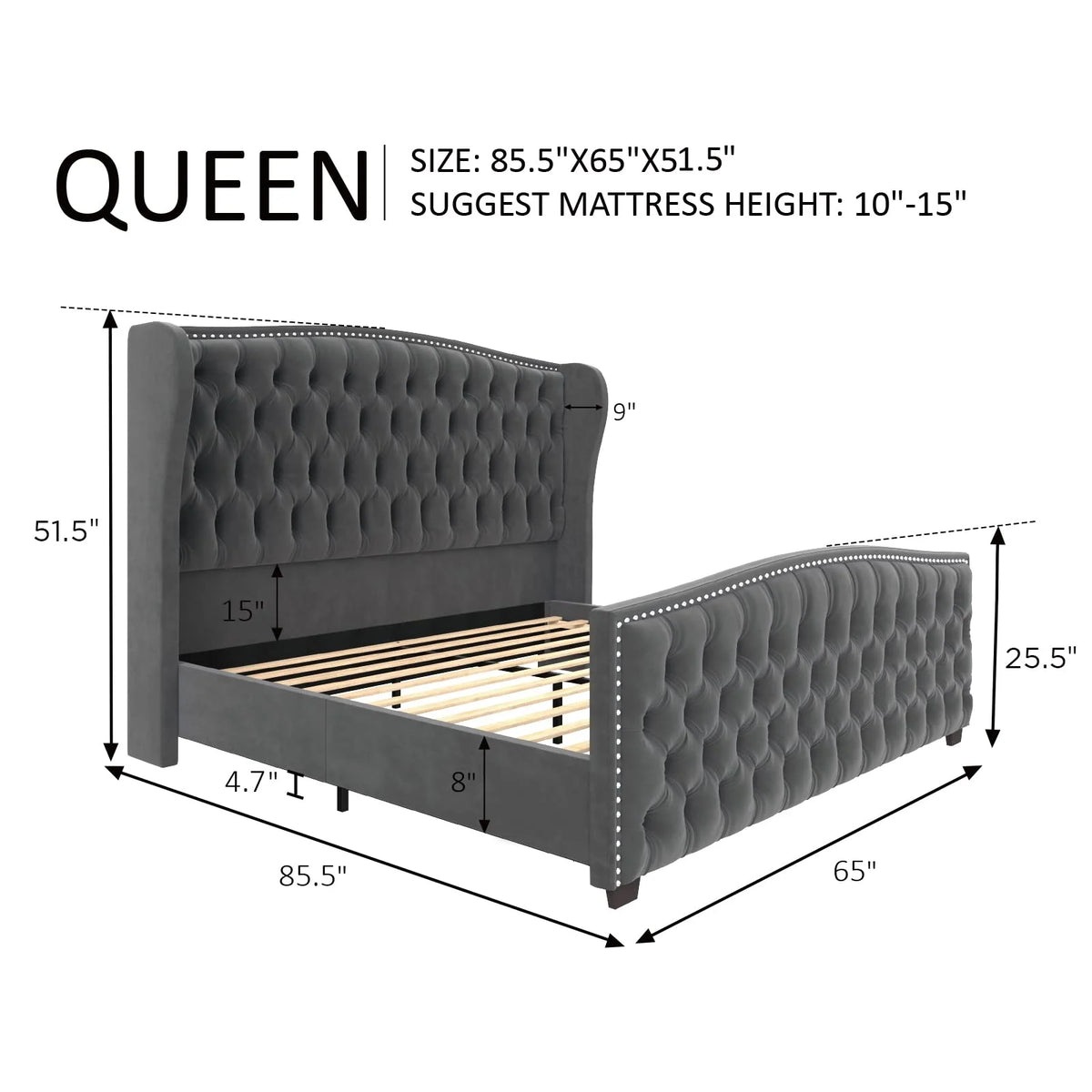 VANACC Queen Size Bed Frame, Velvet Upholstered Bed with Deep Button Tufted Wingback Headboard��Grey