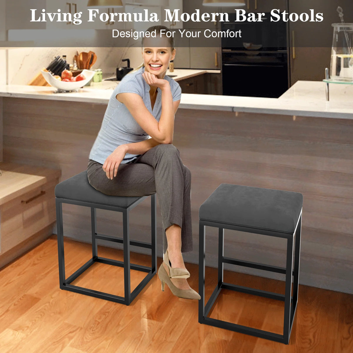 Nathaniel Home 24 Inch Bar Stools Set of 2, Modern PU Leather Metal Barstool, Backless Kitchen Dining Cafe Stool, Upholstered Bar Stool with Footrest, Gray