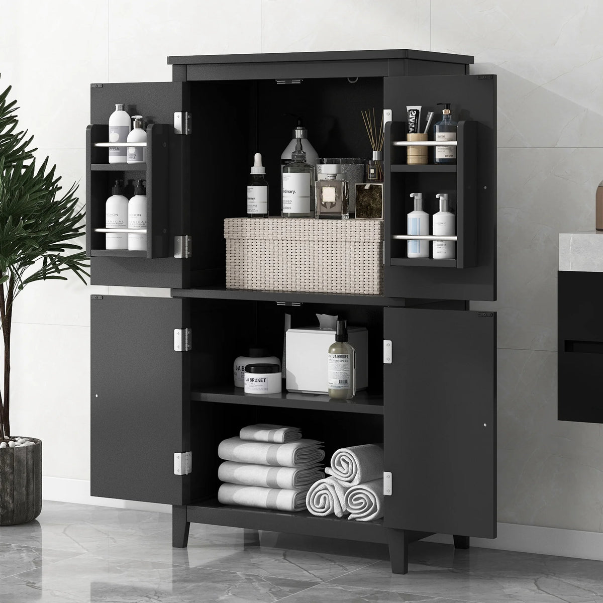 Elegant Bathroom Floor Storage Cabinet, Bathroom Storage Unit, Freestanding Cabinet with 4 Doors