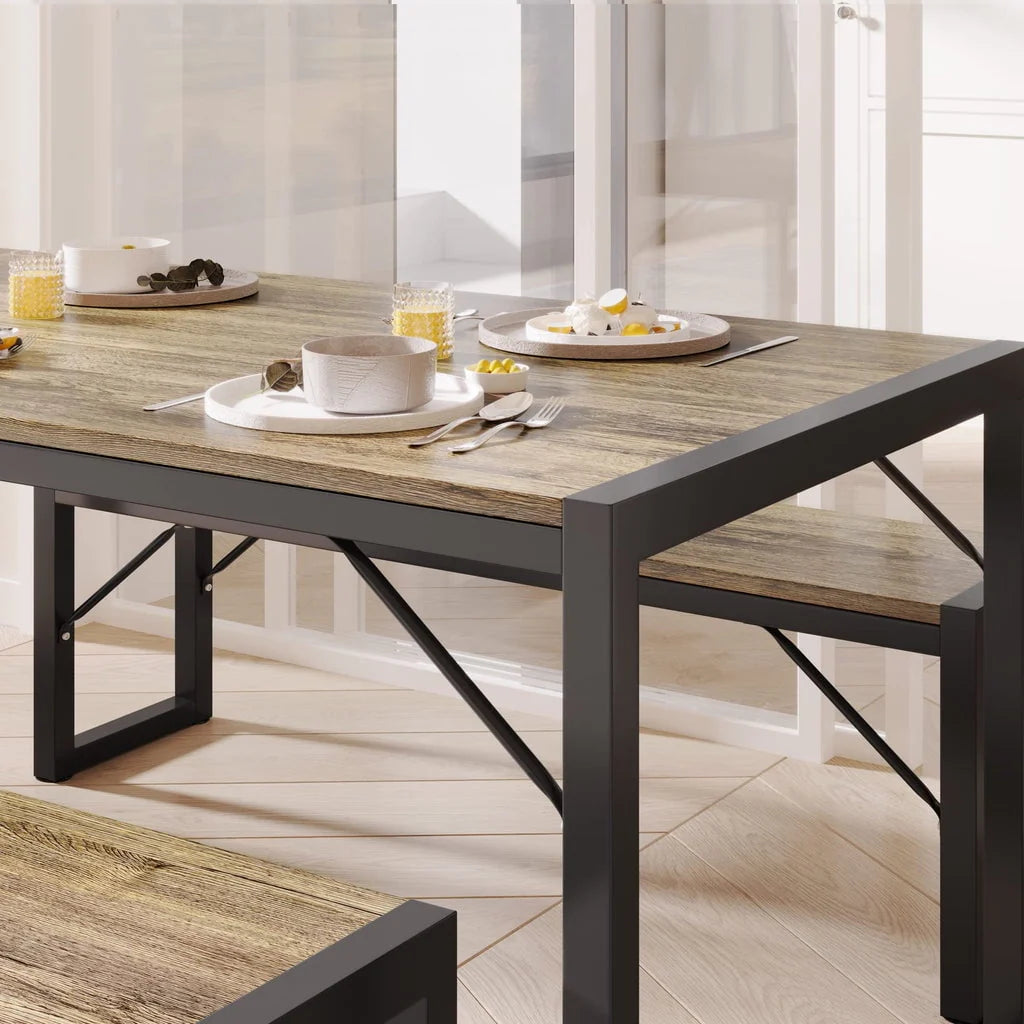 Aiho 45.5" Dining Table Set for 4 with 2 Benches for Kitchen, Dining Room - Gray