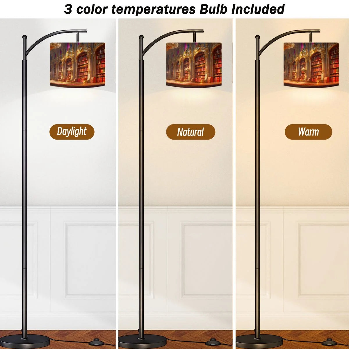Arc Floor Lamps Surreal Bookshelf Dreamlike Sky Art Print Modern LED Adjustable Lampshade Standing Light for Living Room Reading Bedroom Office