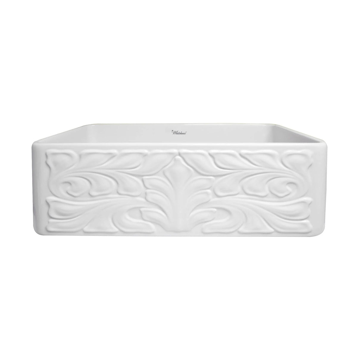 Farmhaus Fireclay Reversible Sink with a Gothichaus Swirl Design Front Apron on One Side, and a Fluted Front Apron on the Opposite Side.