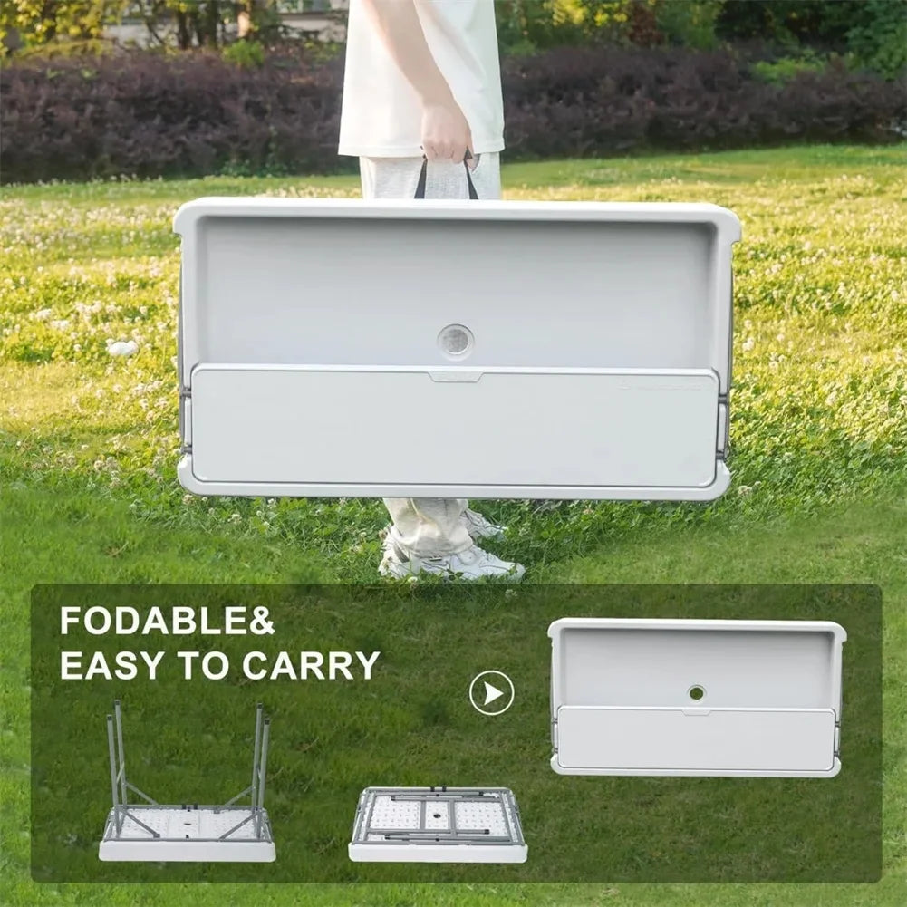 Ataucjin Outdoor Ice Cooler Folding Table with Drain, Two-Tier Ice Tables with Removable Skirt and Extra Storage Shelf, Indoor Outdoor Use for Events, Parties, Wedding, Camping, BBQ, White