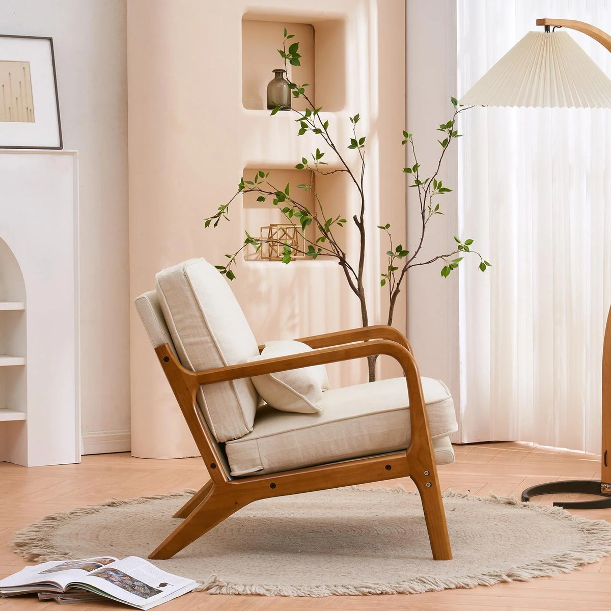 Ktaxon Mid Century Modern Accent Chair, Linen Fabric Armchair with Solid Wood Frame Beige