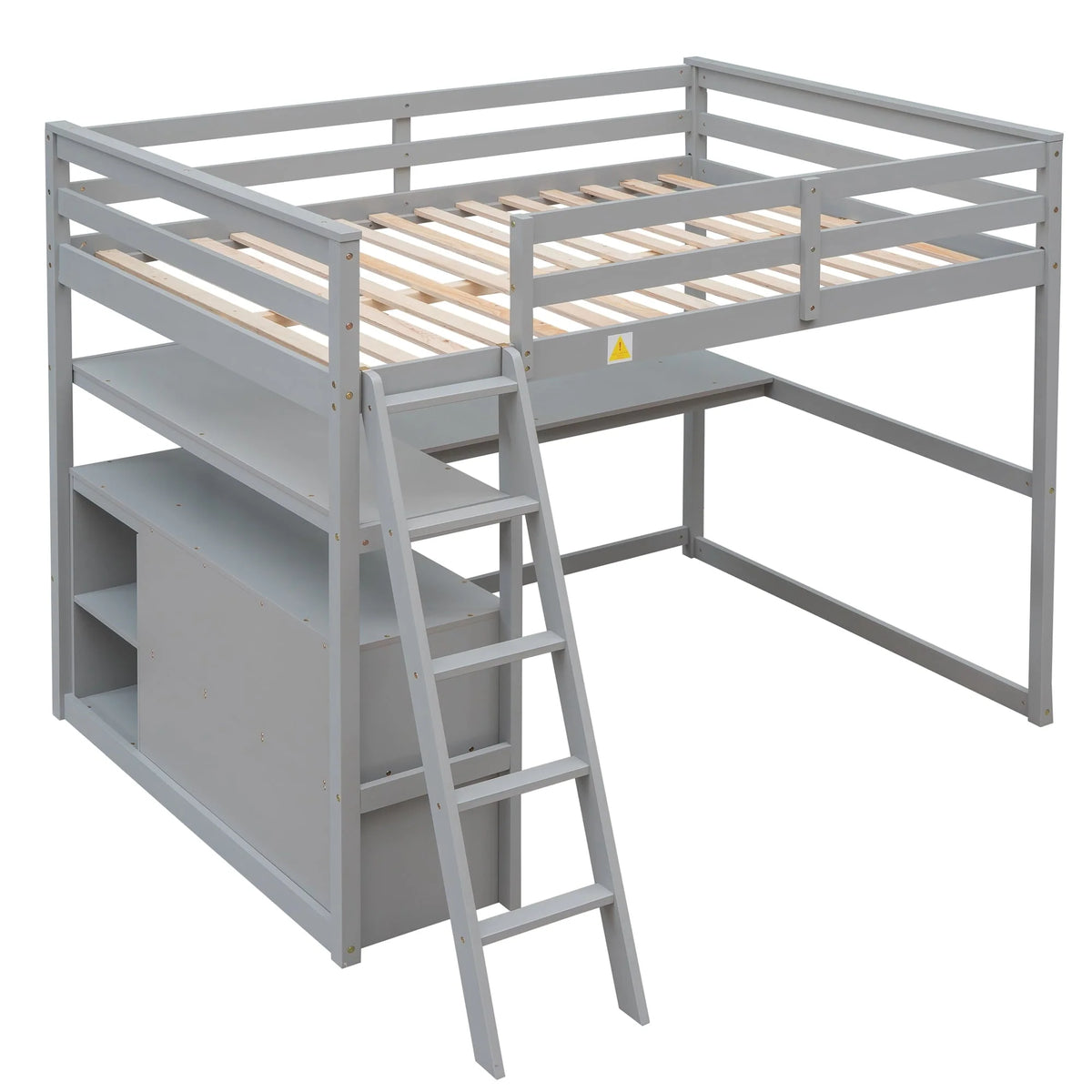 Euroco Full Size Wood Loft Bed with Desk, Shelves and Cabinets for Kids Room, Incline Ladder and 3 Drawers, Gray