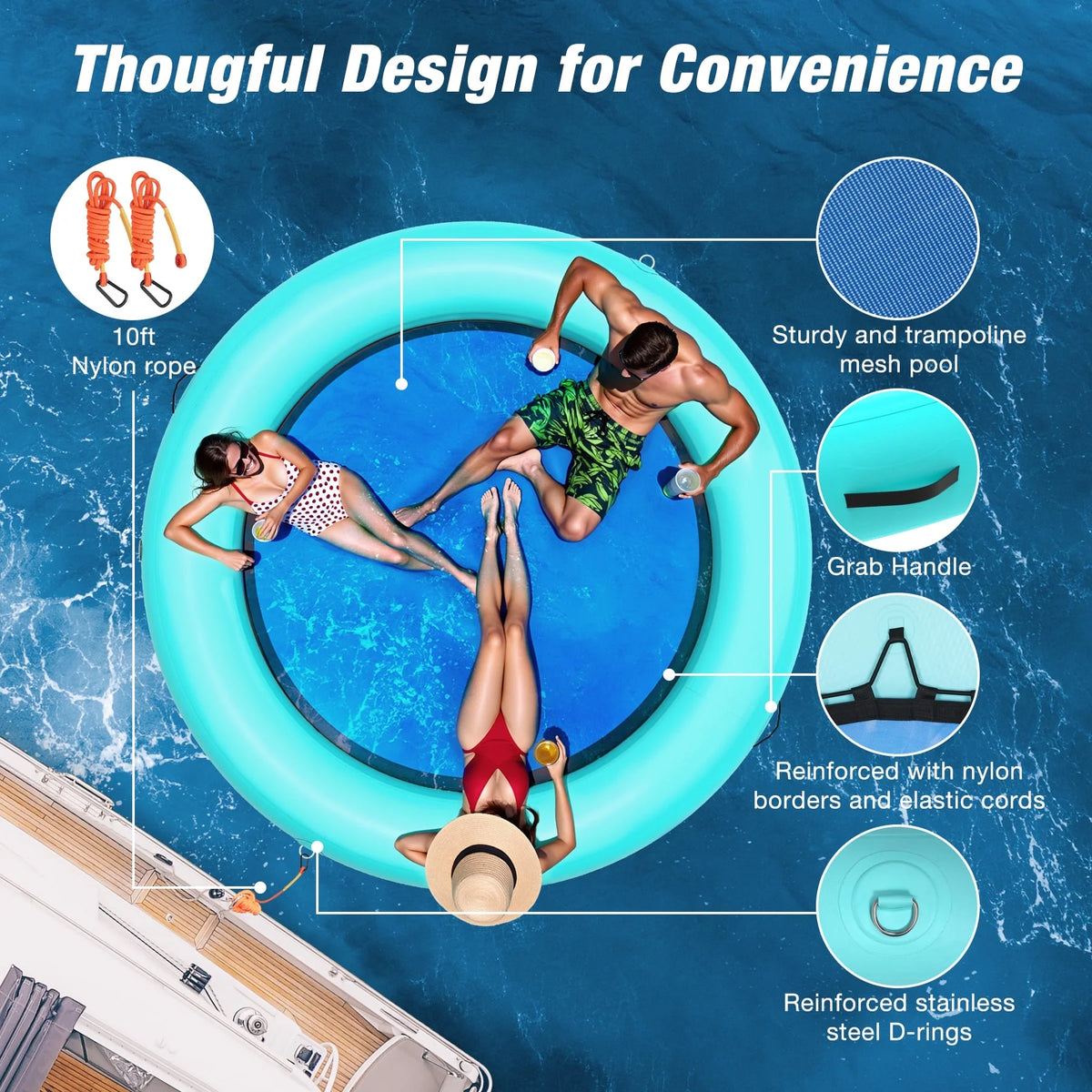 WARMOUNTS Inflatable Floating Dock, 8*6ft Air Inflatable Dock Platform, Non-Slip Water Island Float Raft with Rope Ladder for Ocean Lake River Boat