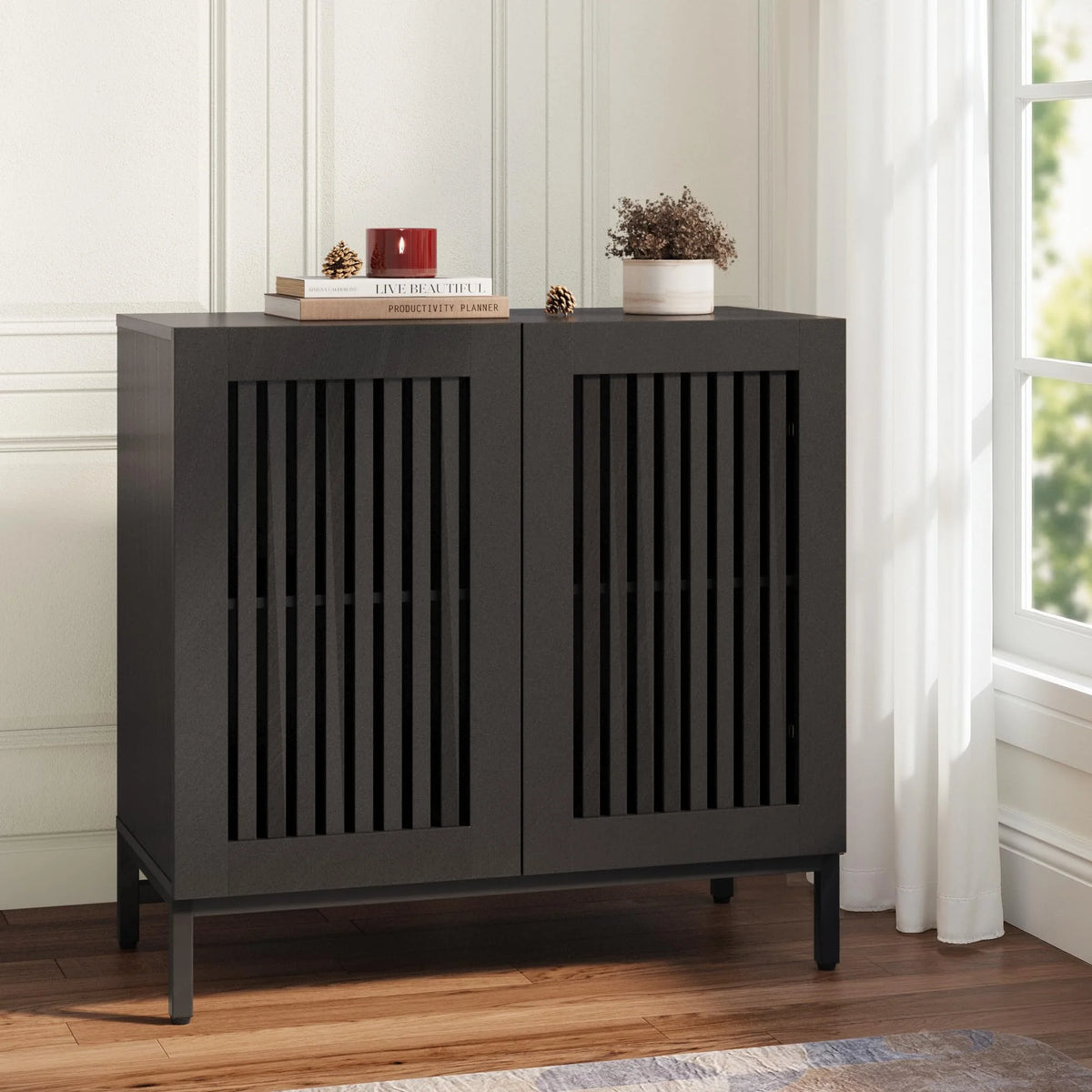 JOMEED Buffet Sideboard Cabinet with Louvered Doors & Adjustable Shelf, Wood Storage Cabinet for Kitchen, Dining Room, Living Room, Entryway Walnut