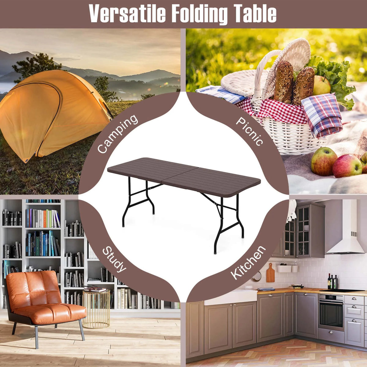 Costway 6 ft Portable Folding Table with Wood Grain HDPE Tabletop Safe Lock Mechanism Gray