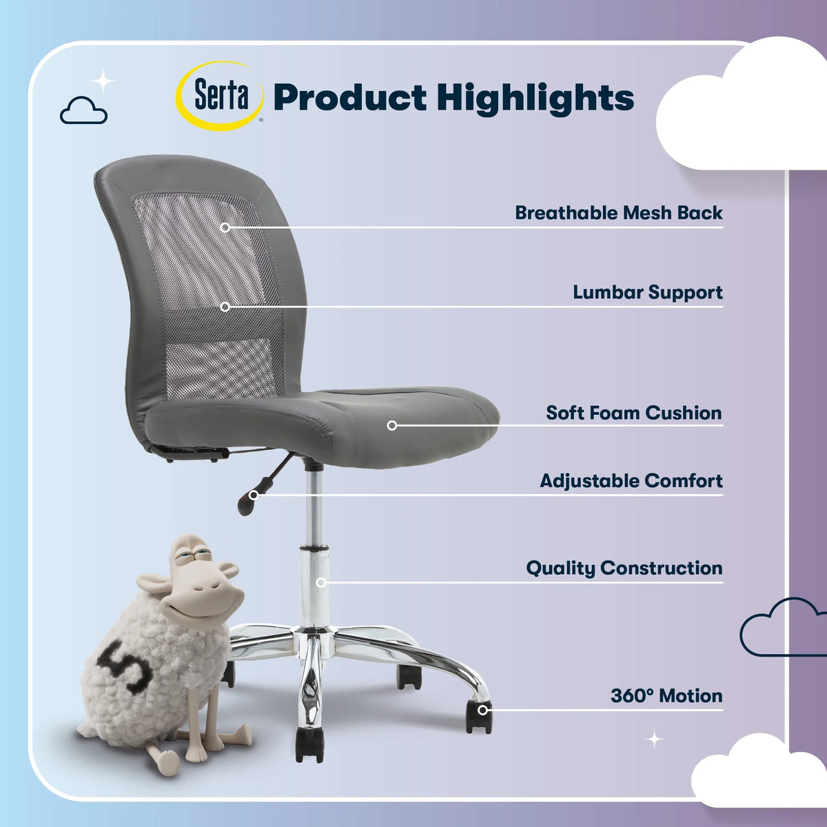 Serta Essentials Armless Task Chair, Faux Leather and Mesh, Cream