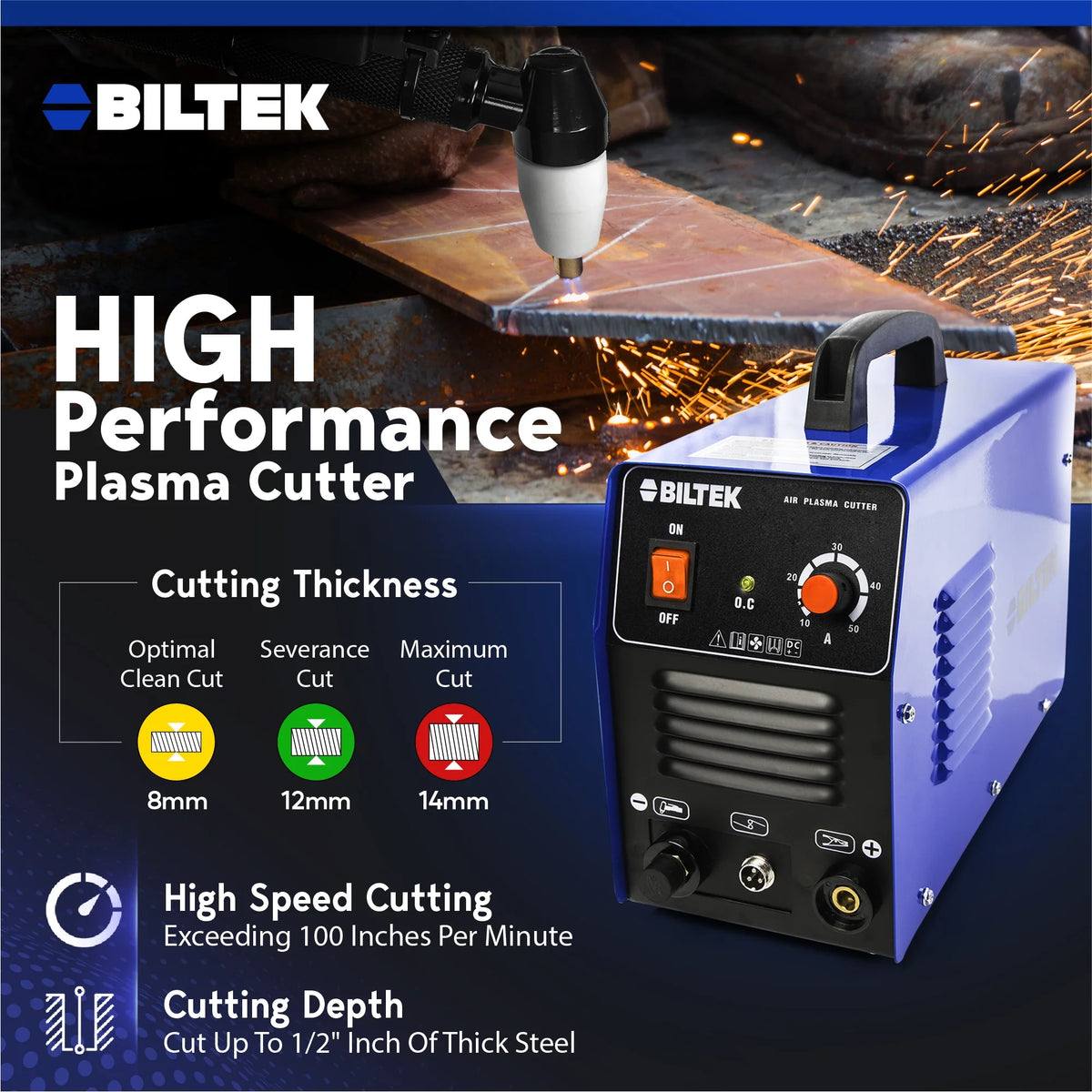 Biltek Plasma Cutter 50A Dual Voltage 110V/220V Cutting Torch Kit, 1/2 Inch, IGBT Technology, Portable Plasma Cutter Machine, Metal Cutter for Steel, Copper, Aluminum, Brass and Other Metals