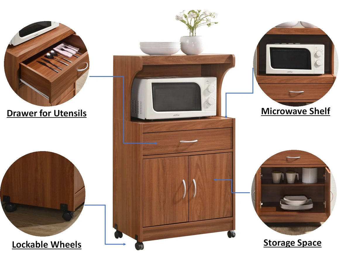 Hodedah Microwave Contemporary Wooden Kitchen Cart in Cherry Finish