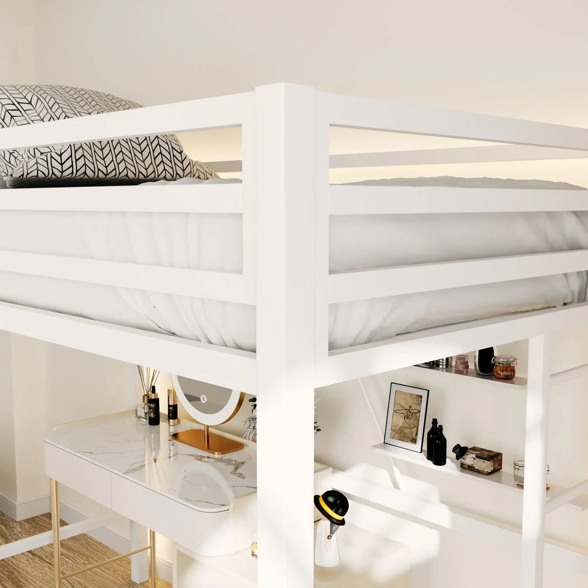 Einfach Metal Twin Size Loft Bed with Removable Ladder & Full-Length Guardrail, White