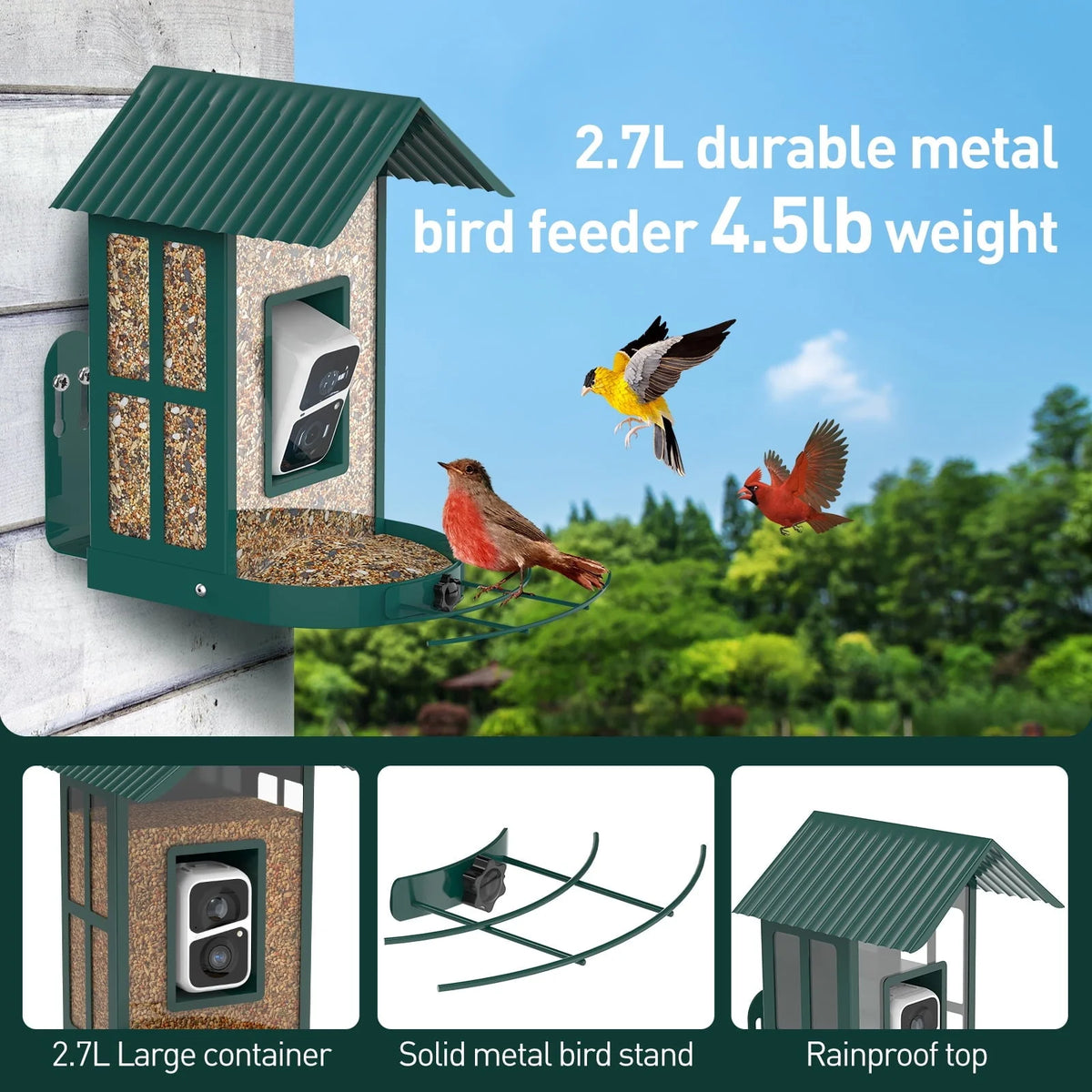 SOLIOM BF08 Smart Bird Feeder Camera with AI Identify Bird Species, Wild Bird Watching Cam, Live View, Instant Notifications, 5W Solar Panel -Metal Case