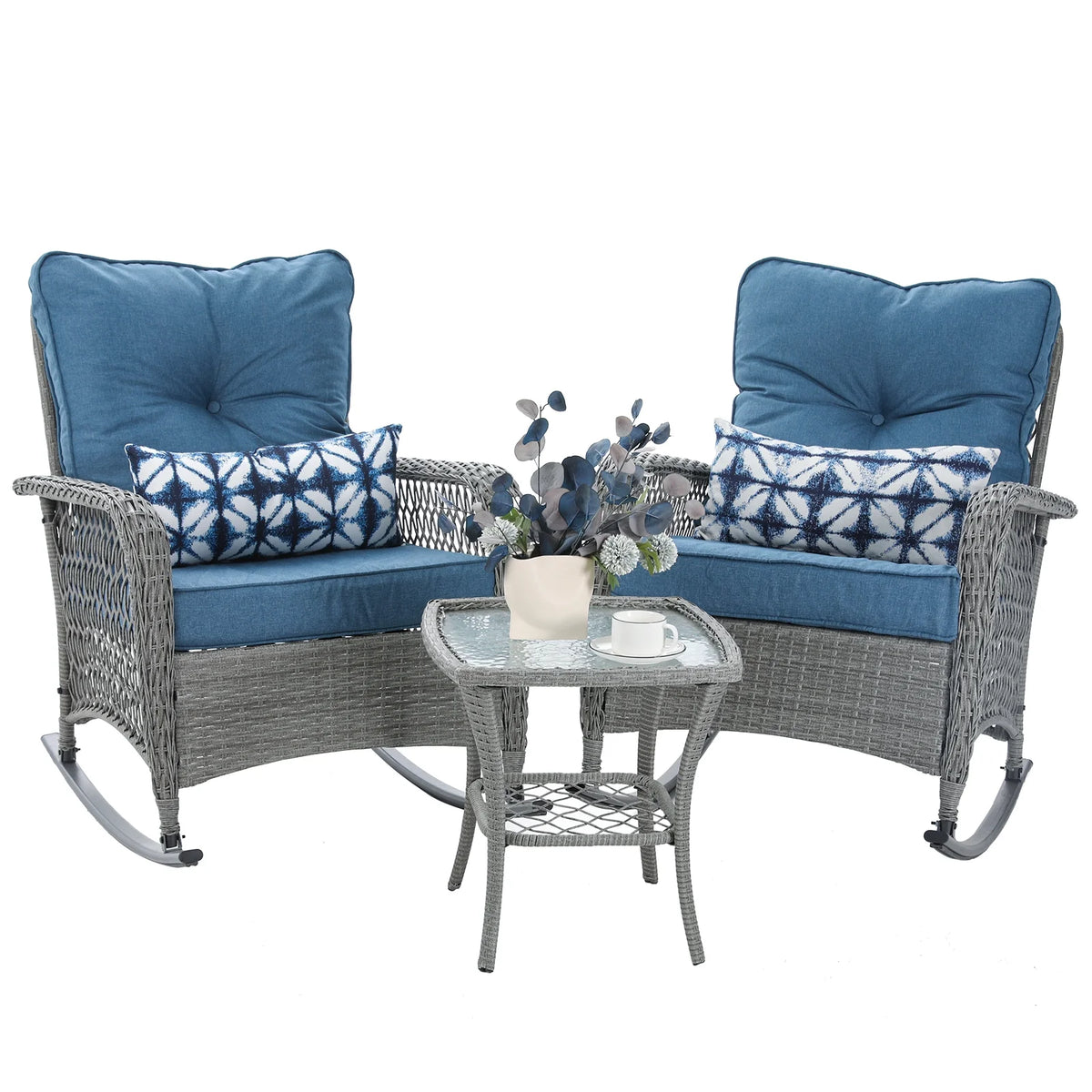ELPOSUN 3-Piece Outdoor Rocking Chairs, Wicker Patio Furniture with Thickened Cushions and Table for Porch