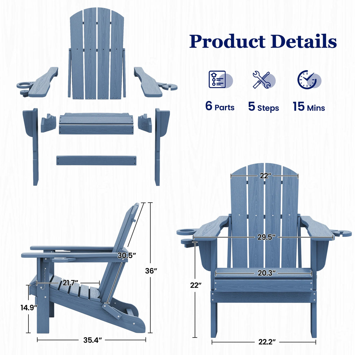 SERWALL Folding Adirondack Chair Set with Dual Cup Holders & Phone Holder, All-Weather HDPE Fire Pit Chairs for Outdoor, Patio, Poolside, Garden - Black