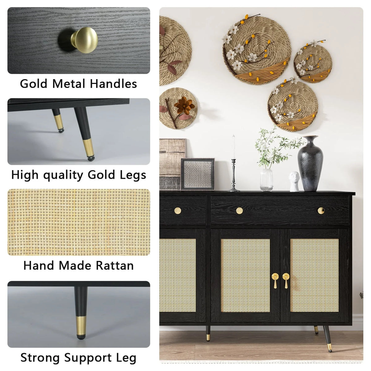 Catrimown Sideboard Buffet Cabinet, 2 Drawer and 4 Rattan Door Sideboard Storage Cabinet, Black