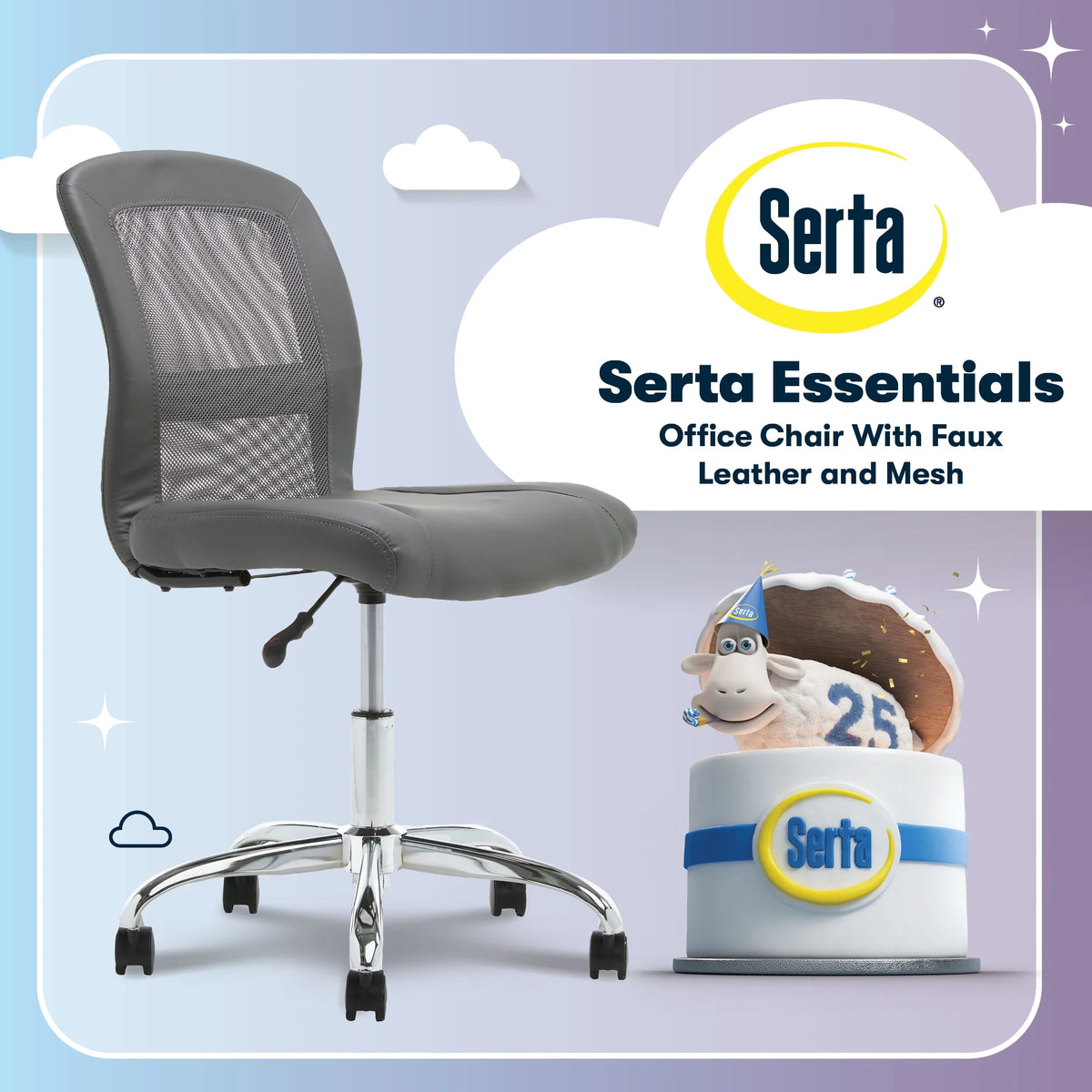 Serta Essentials Armless Task Chair, Faux Leather and Mesh, Cream