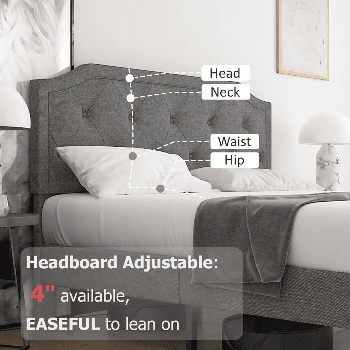 Einfach Queen Size Platform Bed Frame with Upholstered Headboard, Light Grey