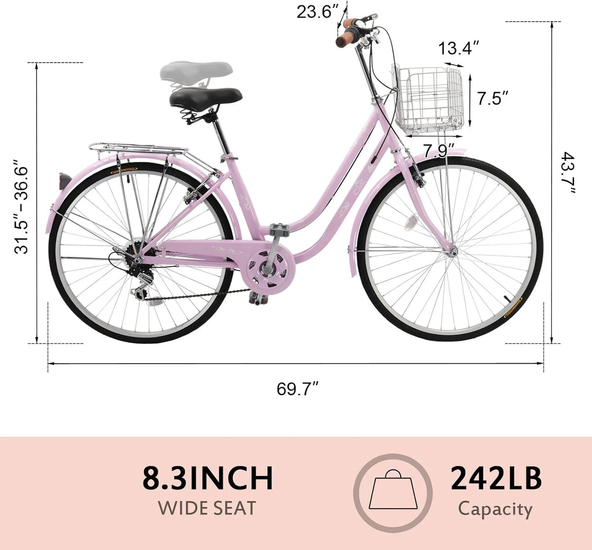 Ambifirner Women's Beach Cruiser Bike, 26in City Cruiser Bikes High Carbon Steel V Brake 7 Speed Commuter Bike with Basket & Mirror