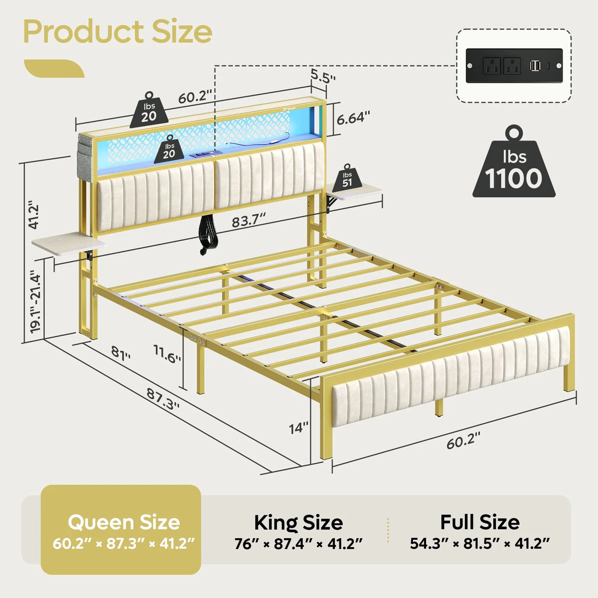 Bestier Queen Size Platform Bed Frame with Wood Foldable Bedside Shelves and LED Storage Headboard Charge Station, Gray