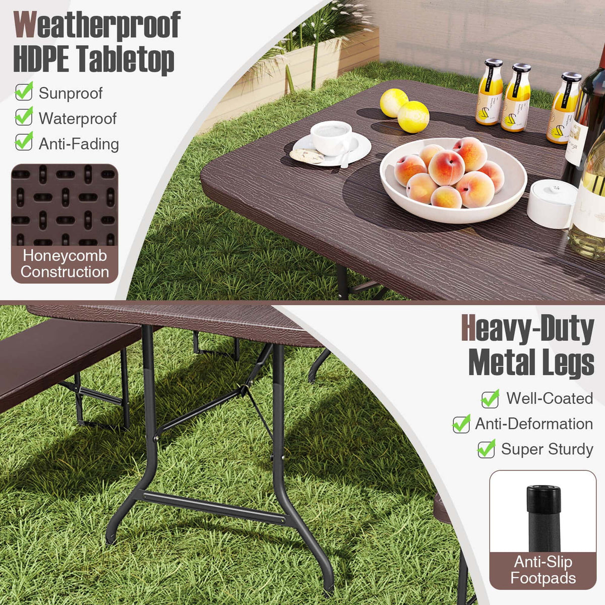 Costway 6 ft Portable Folding Table with Wood Grain HDPE Tabletop Safe Lock Mechanism Gray