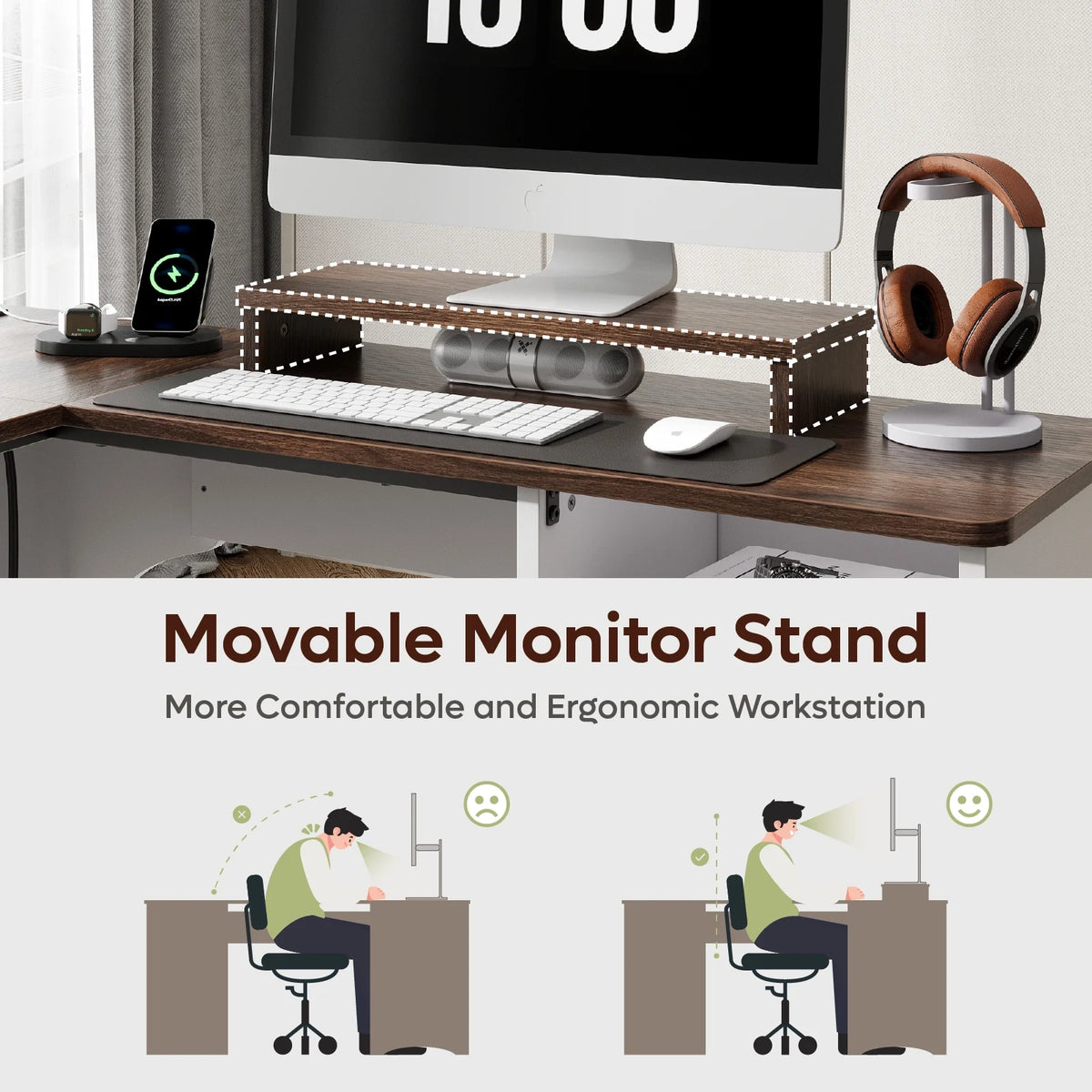Bestier 55" L-shaped Computer PC Desk Lift Top with Power Outlets Storage Drawers and Monitor Stand, Log