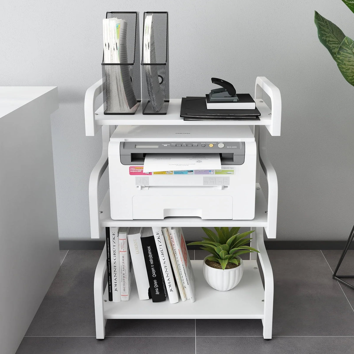 Natwind 3-Tier Printer Stand with Wheels Movable Storage Cart Floor-Standing Printer Cart Multi-Purpose Shelf Rack for Media Player (White)