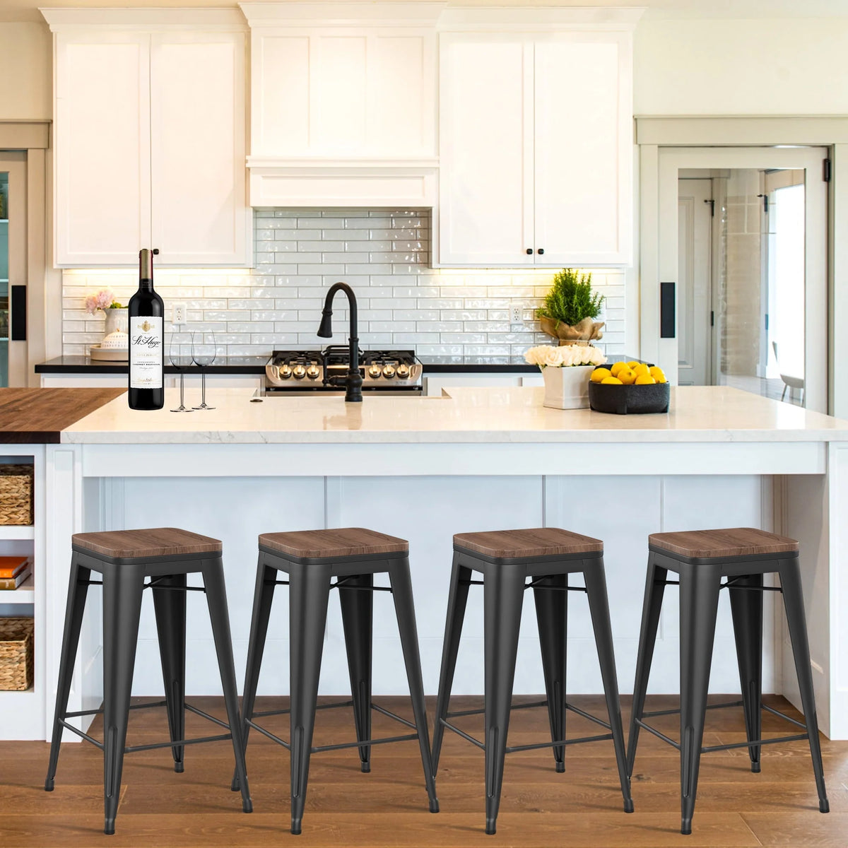 Andeworld 26" Set of 4 Metal Bar Stools  Stackable Counter Height Barstools Wood Seat Backless Rustic Kitchen Bar Chairs (Black)