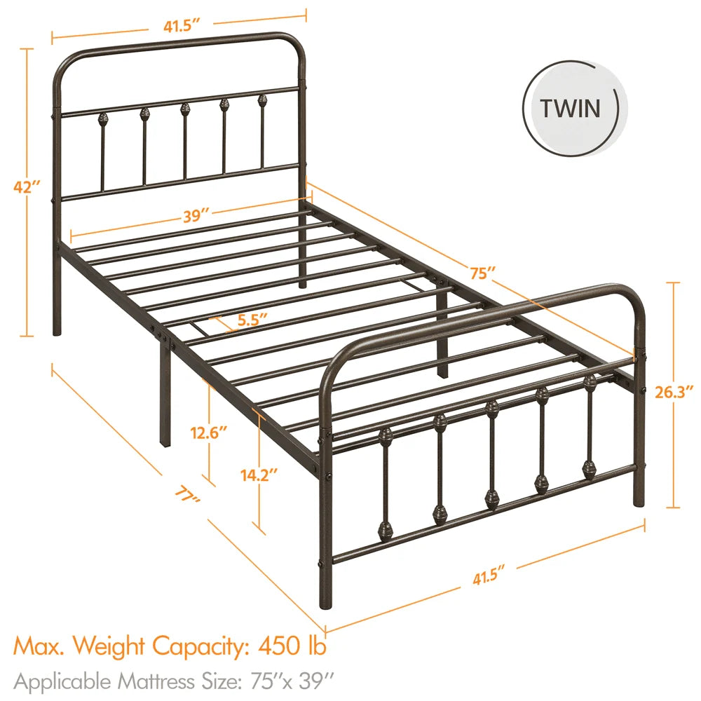Alden Design Metal Platform Twin Bed with High Headboard, Bronze