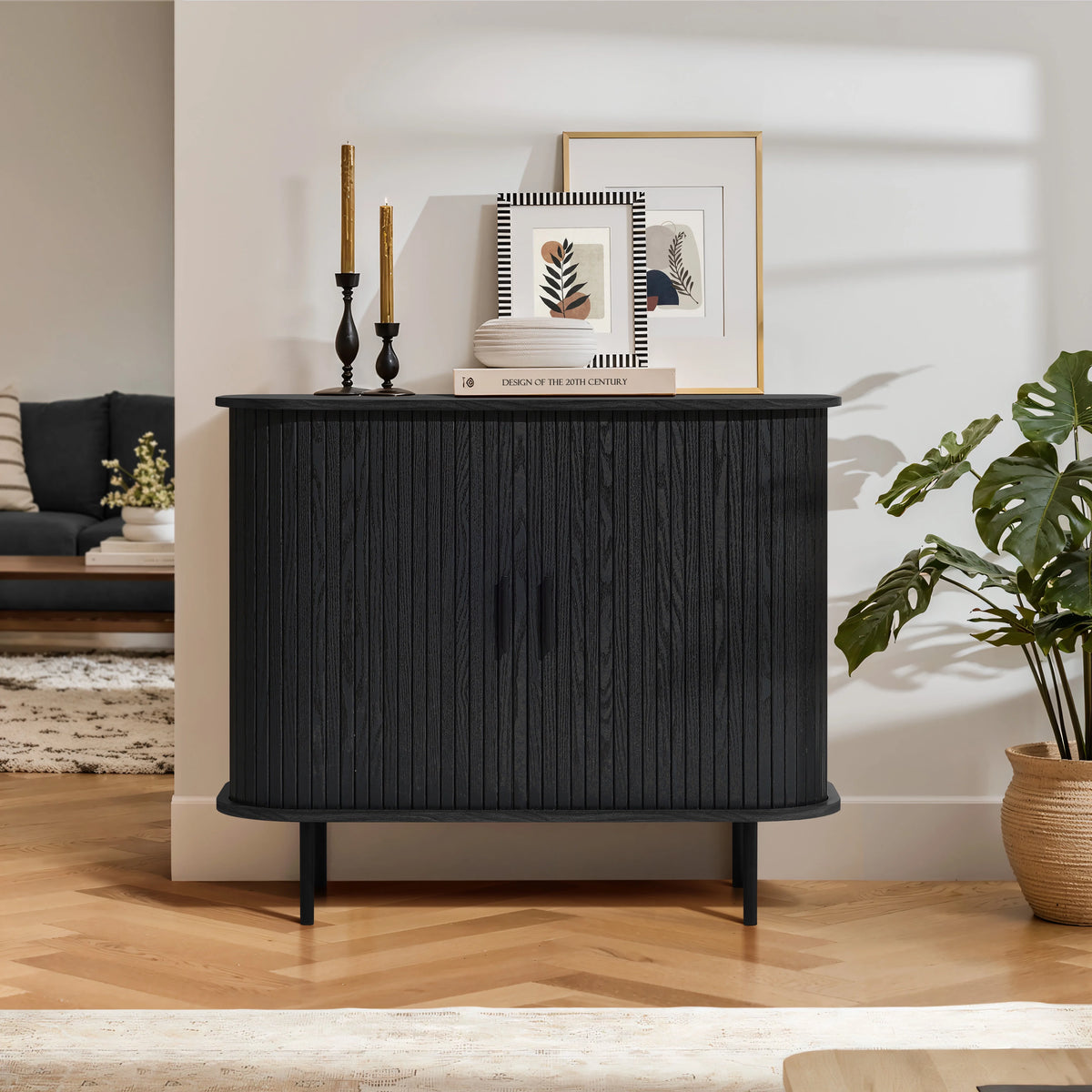 LuxenHome 35" Mid Century Modern Accent Cabinet, Small Buffet Cabinet with Sliding Door, Oak
