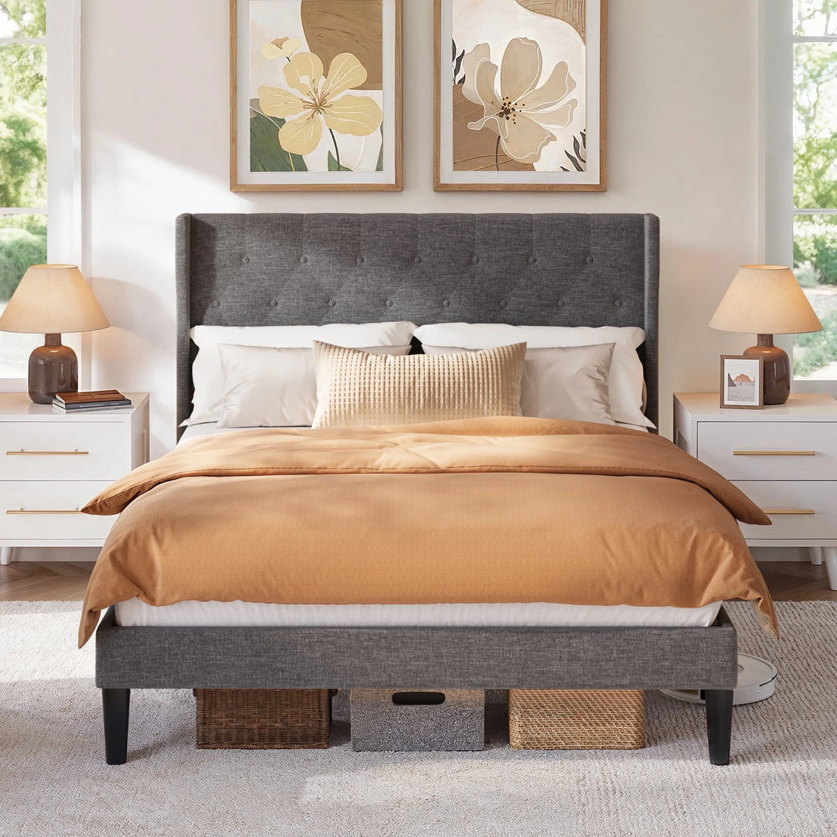Full Size Bed Frame with Headboard, Under-Bed Storage, 850lbs, Beige