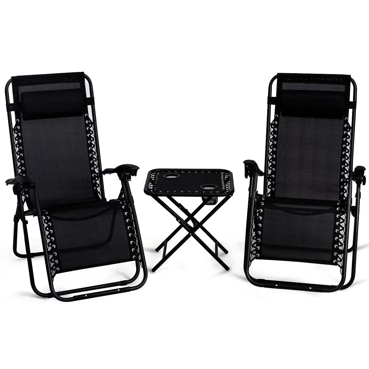 Gymax 3PC Zero Gravity Reclining Lounge Chairs Pillows Table Portable Folding Beige
