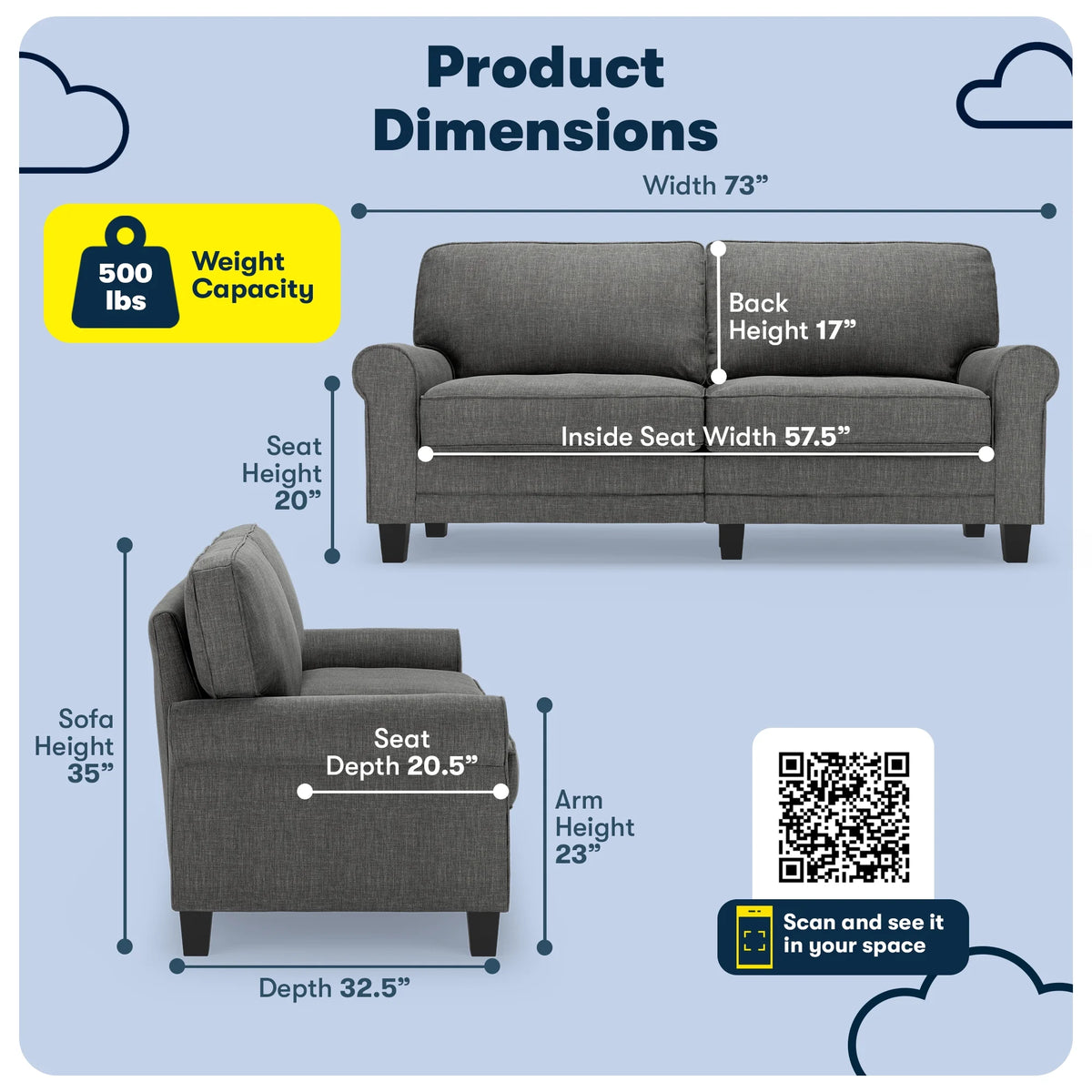 Serta Copenhagen 73" Rolled Arm Sofa with Removable Covers Light Gray