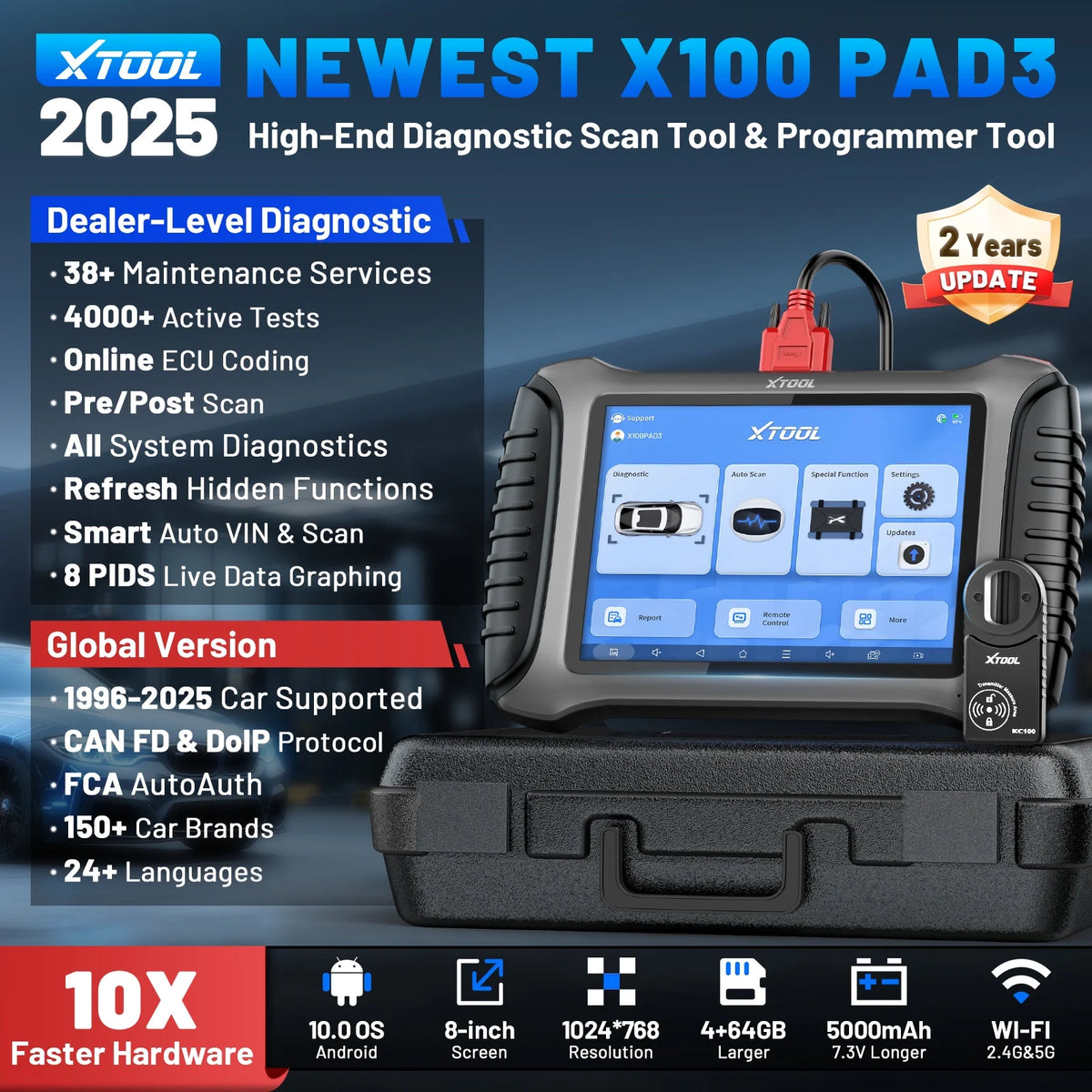 XTOOL X100 Pad 3 Automotive OBD2 Scanner with Bidirectional Control Full System Diagnostic Scan Tool Key Fob Programmer, 38 Services