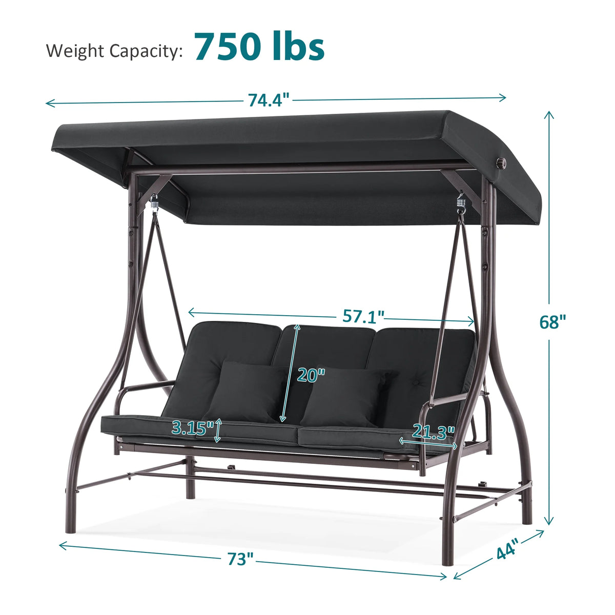 MCombo 3-Seat Outdoor Patio Swing Chair Cushioned with Adjustable Backrest and Canopy, Pillow, Brown