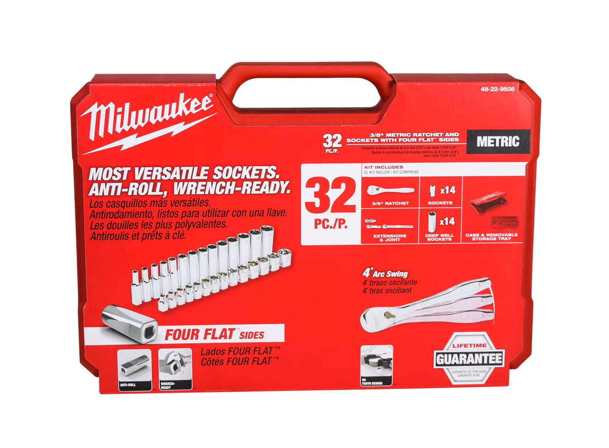 MILWAUKEE 32-Piece Metric 3/8 in. Drive Ratchet & Socket Set �C Slim Profile, 90-Tooth, Deep & Standard Sockets (48-22-9508)
