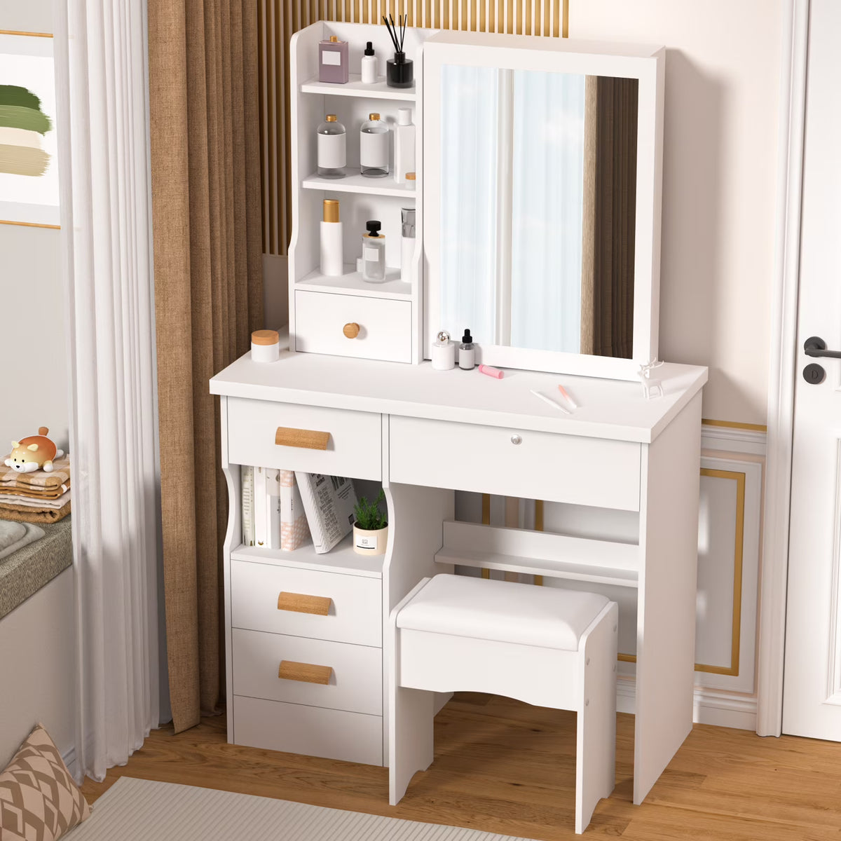 Lorelo Vanity Desk with Sliding Mirror, Bedroom Dressing Table, Makeup Table with 5 Drawers & Shelves, Hidden Storage Space