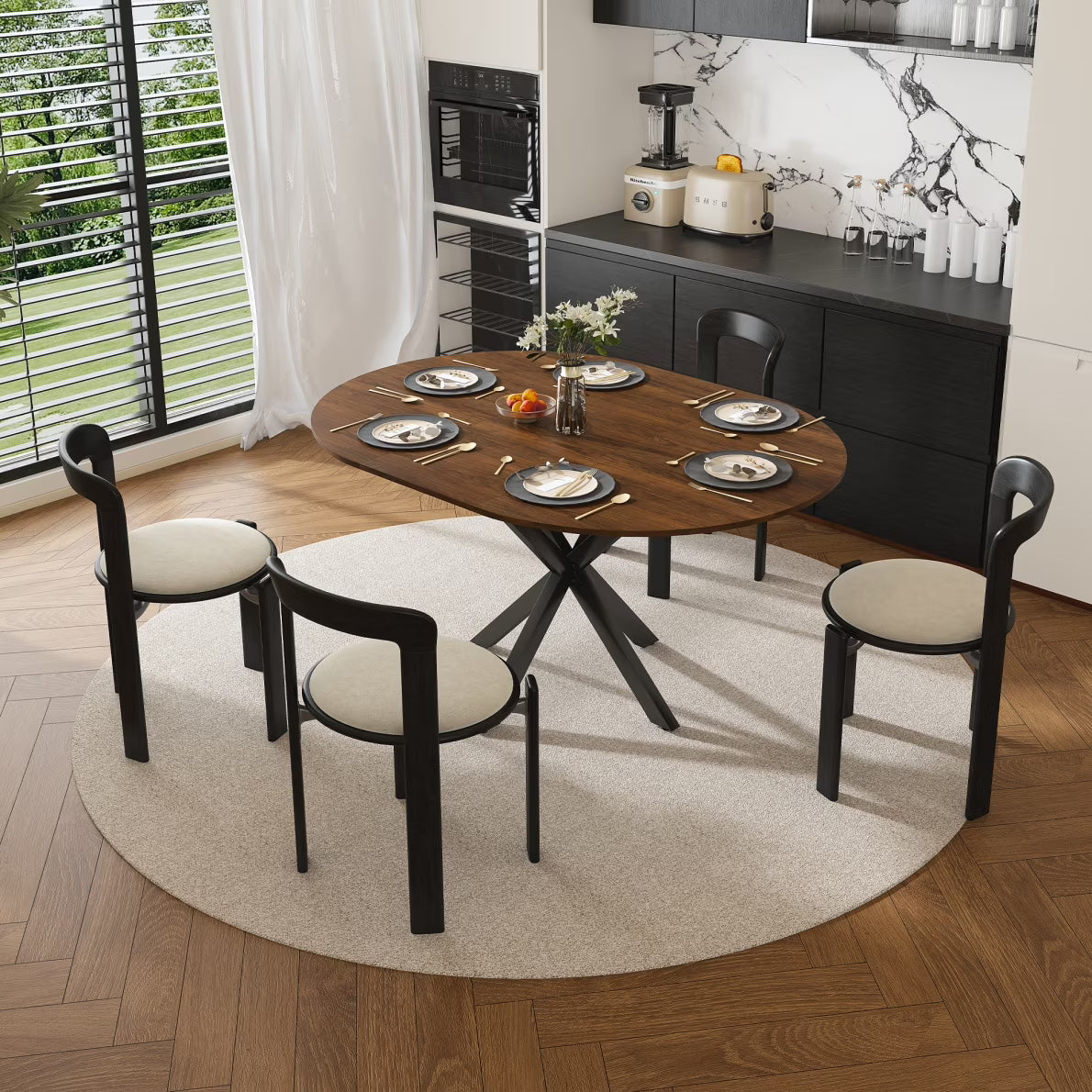 42"-59" Extendable Dining Table, Farmhouse Oval Kitchen Table with Removable Leaves and Metal Legs Support for Living Room, Walnut