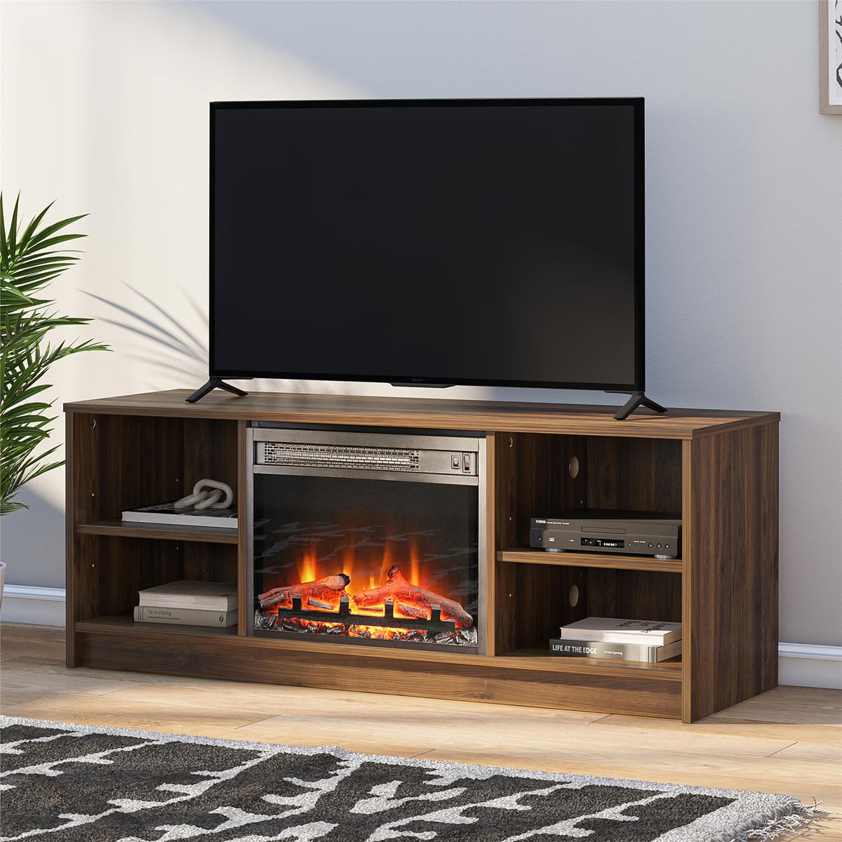 Mainstays Fireplace TV Stand, for TVs up to 55", Black Oak