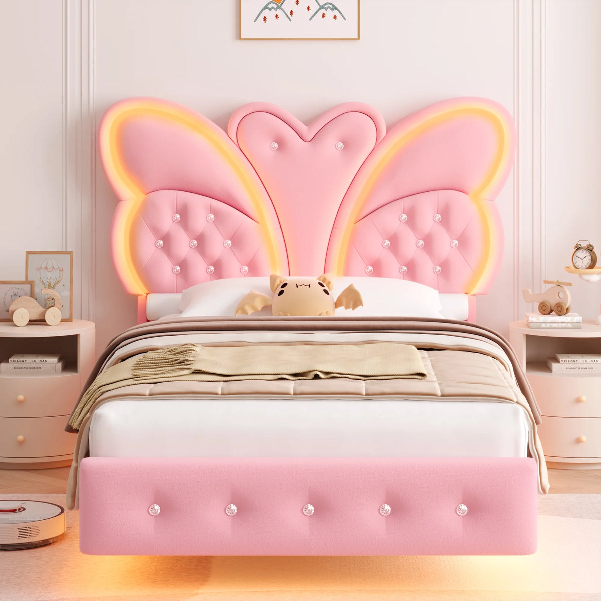 Homfa Twin Size Velvet Upholstered Bed with LED Lights, Floating Platform Bed Frame with Butterfly Crystal Button Tufted Headboard, Pink