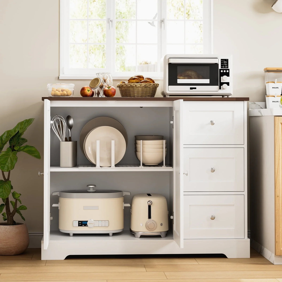 Homfa Farmhouse Buffet Sideboard with 3 Drawers, 2 Door White Wood Credenza Accent Cabinet for Dining Room Living Room