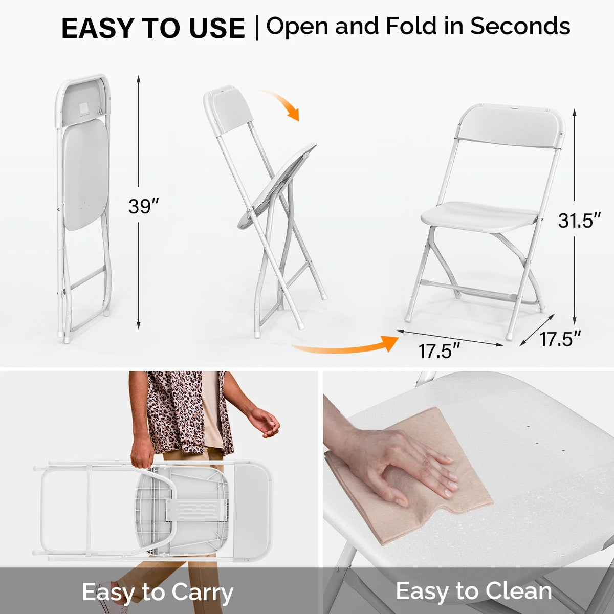 JOYMOR 10 Pack White Plastic Folding Chair, Indoor Outdoor Stackable Seat