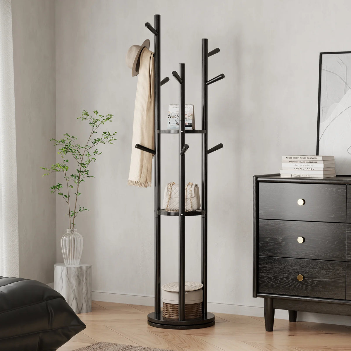 KASLANDI Solid Wood Rotary Coat Rack with 3 Shelves & 9 Hooks, Freestanding Hall Tree Stand, Coat Tree for Entryway, Living Room, Walnut, Easy Assembly