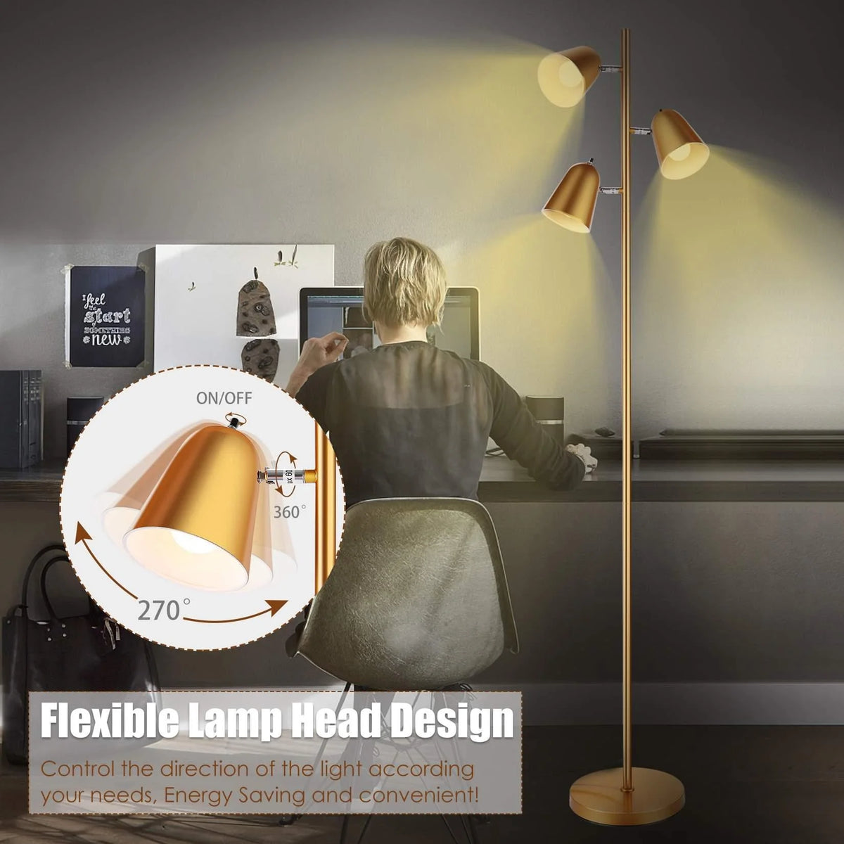 Devo Floor Lamp with 3 LED Edsion Bulb Super Bright Tree Floor Lamps with 360° Adjustable Rotating Shades, Independent Switch Control Reading Light Standing Tall Pole Lamps for Living Room Bedroom