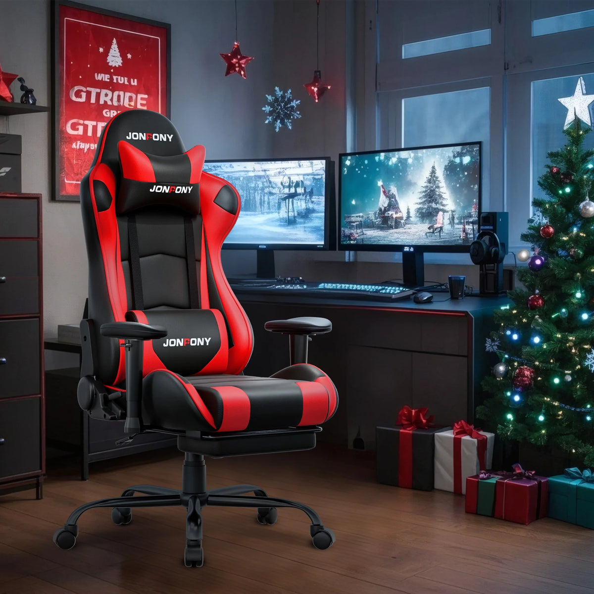 JONPONY Big and Tall 500LBS Gaming Chair, Ergonomic Design, Gamer Chair PU Leather with Footrest and Lumbar Support, High Back Office Chair Support 8 Hours Long Sitting,Red Computer Chair,Red