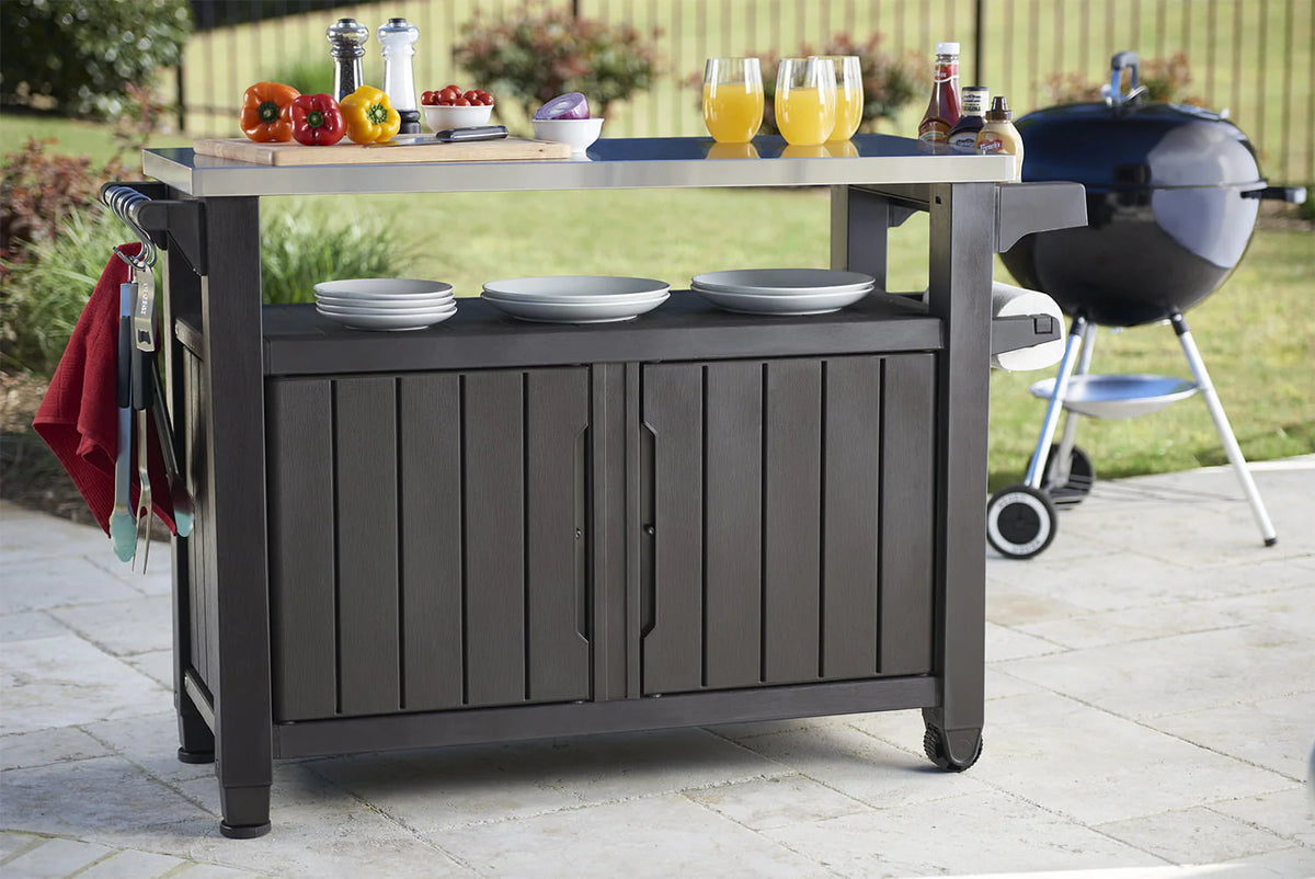 Unity XL Portable Outdoor Table and Storage Cabinet with Accessory Hooks, Espresso Brown