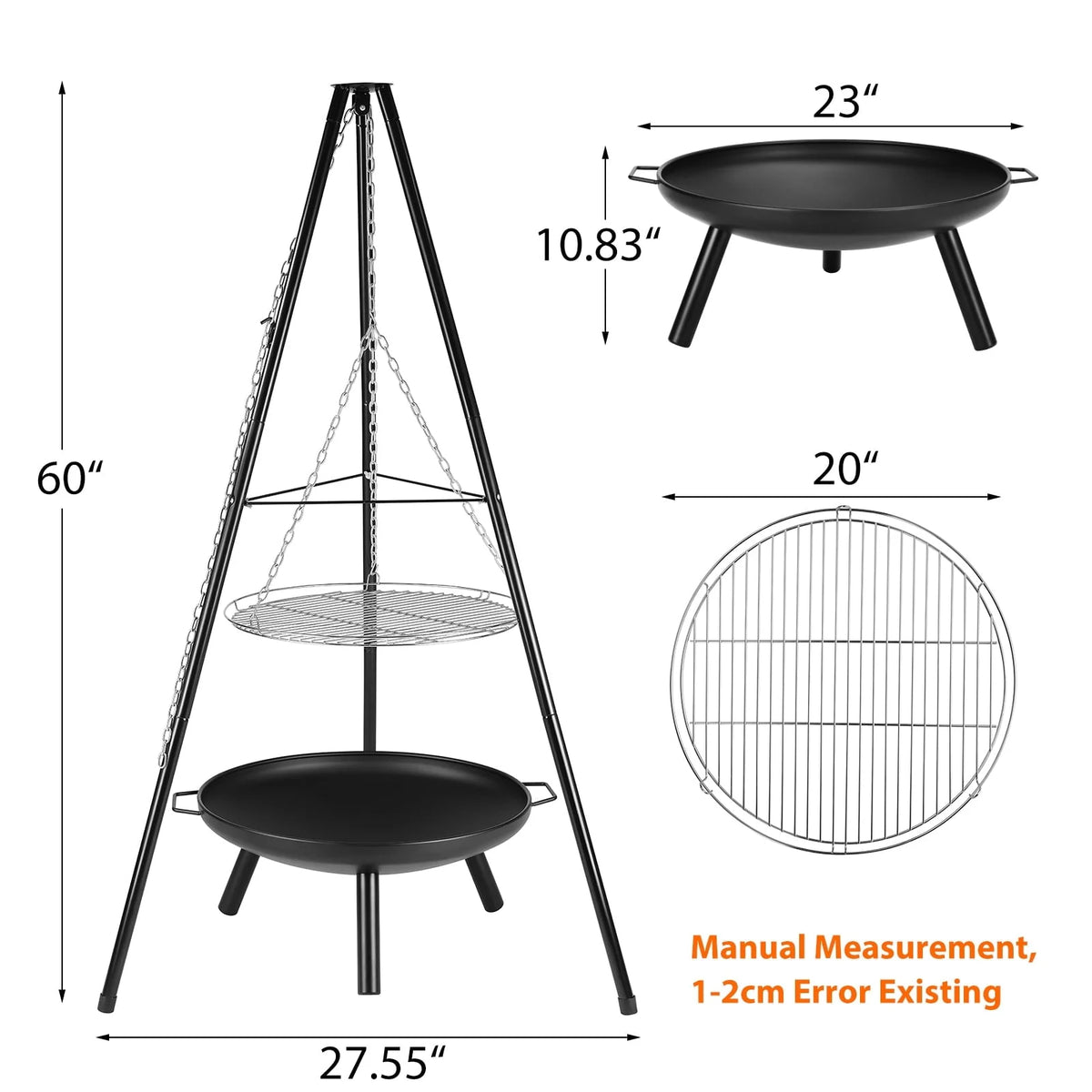 Charcoal Grill Set, Upgraded Adjustable Tripod Grill Set with Grill Net and Fire Pit, Multipurpose Portable Grill for Outdoor Campfire Barbecue Cooking BBQ, Detachable and Easy to Carry